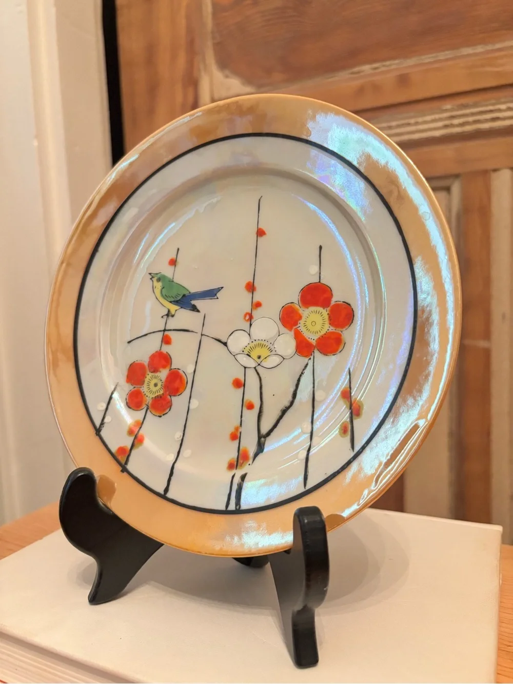 Hand-Painted Floral Bird Decorative Plate-Lusterware-Japan